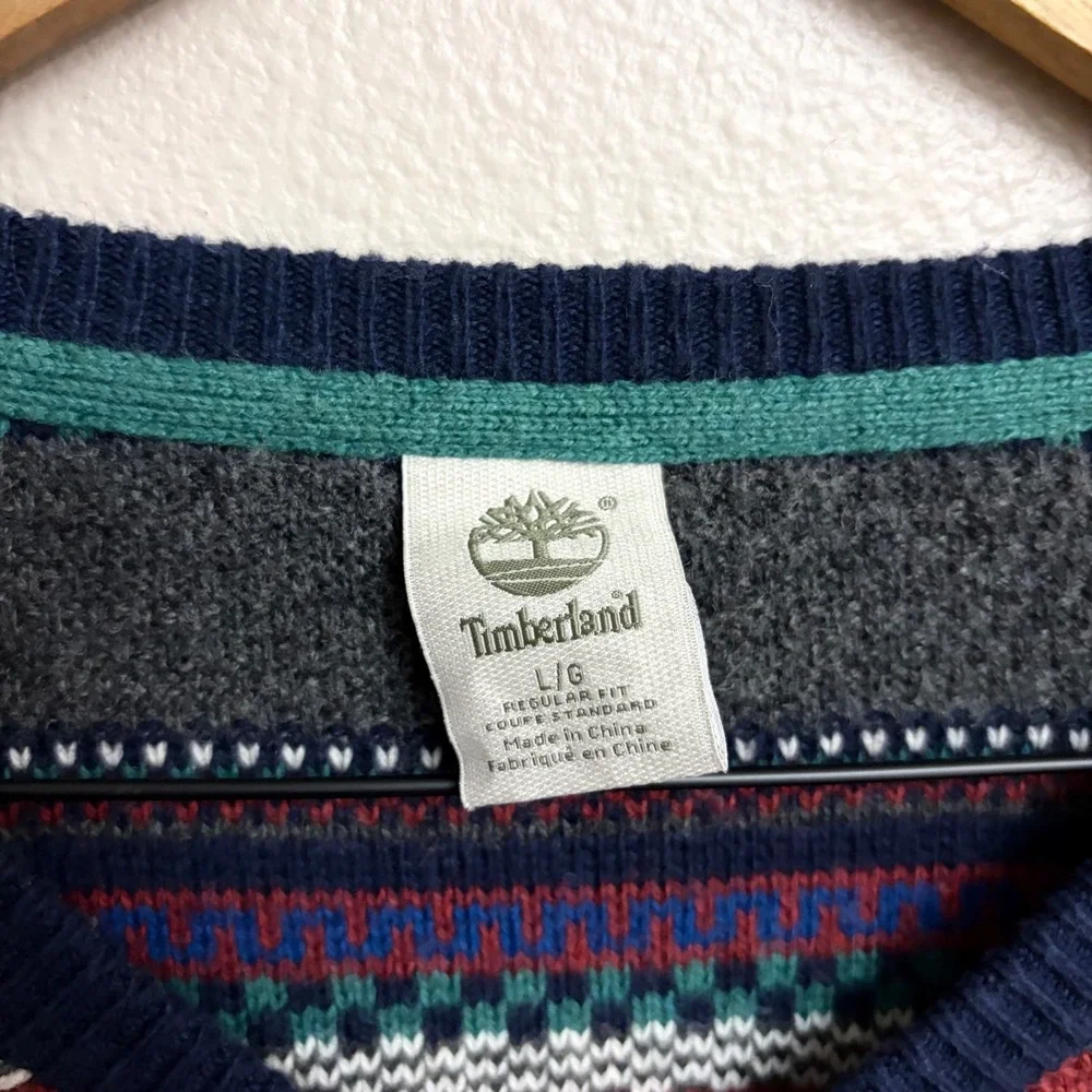 Timberland Sweater Large Mens Navy Blue Fair Isle V-Neck Wool Blend TB07914J